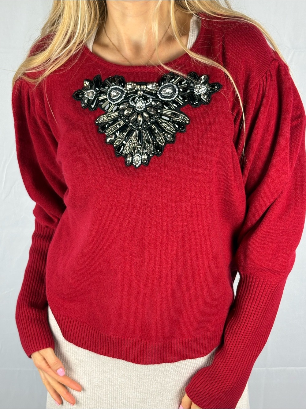 Cashmere Cherry Red jewel embellished sweater luxurious soft Cottage puff sleeve